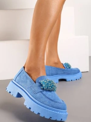 Niebieskie Mokasyny z Aplikacją z Biżuteryjnych Koralików Viatalia