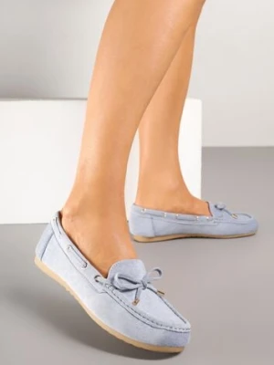 Niebieskie Mokasyny z Ekozamszu Zdobione Wiązaniem z Kokardą Sonilora