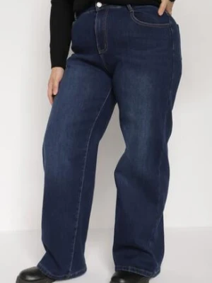 Granatowe Ocieplane Jeansy o Szerokim Kroju z Bawełną i Wysokim Stanem Mevidia