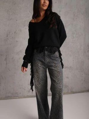Niebieskie Panterkowe Jeansy Wide Leg High Waist z Bawełną Fealli Milas91