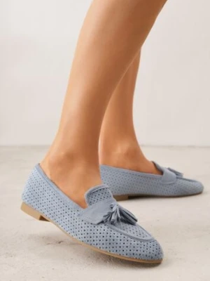Niebieskie Perforowane Mokasyny z Imitacji Zamszu Zdobione Frędzlami Vaeliane ideal