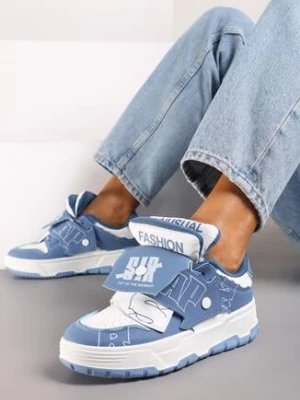 Niebieskie Płaskie Sznurowane Sneakersy z Napisami Friefra