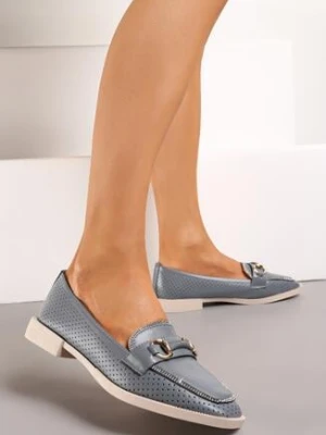 Niebieskie Półbuty Loafersy Ozdobione Klamrą Cyrkoniami i Perforacją Jalessa