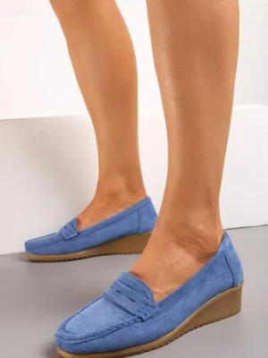 Niebieskie Półbuty Mokasyny na Koturnie Rosazara