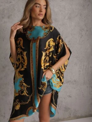 Niebieskie Ponczo z Satyny z Jedwabiem Wiskozą i Geometrycznym Printem Doreleia