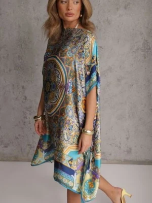 Niebieskie Satynowe Ponczo z Jedwabiem i Wiskozą w Stylu Boho Prixeis