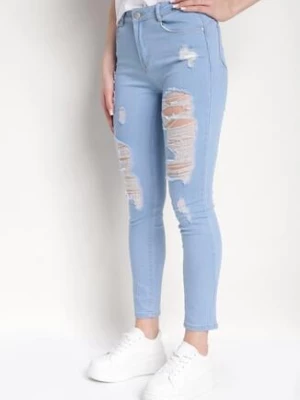 Niebieskie Skinny Jeansy z Wysokim Stanem i Dziurami Lainera