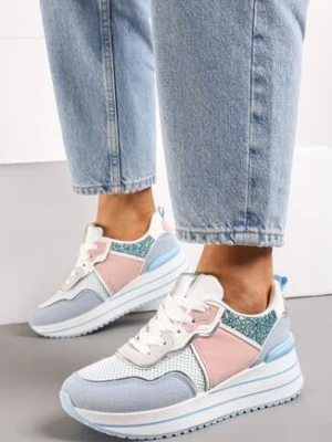 Zdjęcie produktu Niebieskie Sneakersy na Grubej Podeszwie Ozdobione Brokatem Petasse