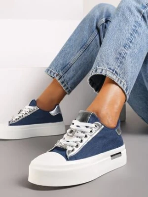 Niebieskie Sneakersy na Grubej Podeszwie z Metalicznymi Wstawkami i Cyrkoniami Himaria