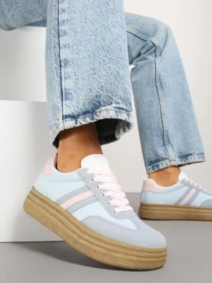 Niebieskie Sneakersy na Platformie w Stylu Kultowych Tenisówek Ozdobione Wzorem w Panterkę Gonoriel