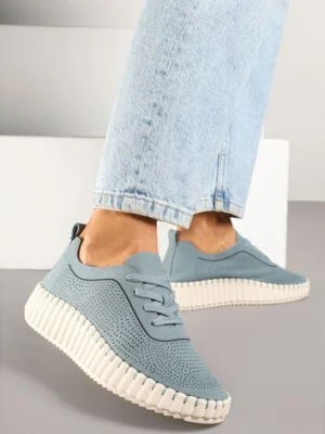 Niebieskie Sneakersy na Tłoczonej Platformie z Ażurową Cholewką Ronfira super mode