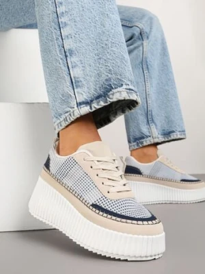 Niebiesko-Beżowe Sneakersy na Tłoczonej Platformie z Ozdobnymi Przeszyciami Faloviela ideal