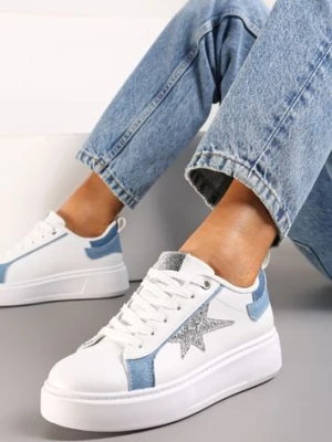 Biało-Niebieskie Sneakersy Ozdobione Brokatem na Niskiej Platformie Leonare