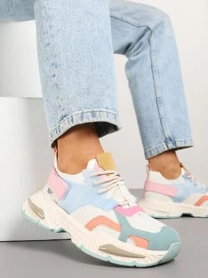 Niebiesko-Białe Sneakersy Streetwearowe na Podeszwie z Tłoczeniami i Rzepem Zilanne