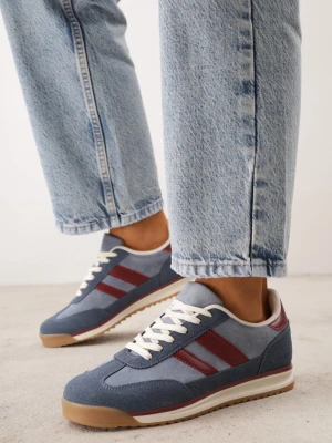 Niebieskie Sneakersy w Stylu Retro z Panelami z Imitacji Zamszu i Przeszyciami na Cholewce Scarfia