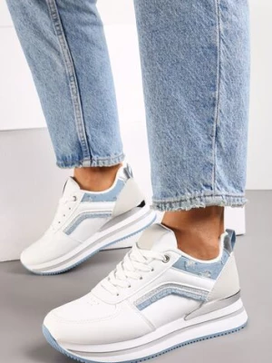 Biało-Niebieskie Sneakersy z Ekoskóry z Brokatowymi Wstawkami i Sznurowaniem Jelise