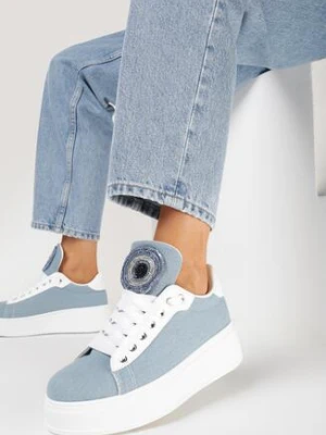 Niebieskie Sneakersy z Szerokim Językiem Ozdobionym Naszywką z Cyrkoniami Cirenla