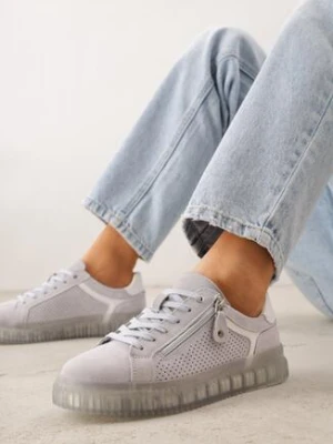 Niebieskie Sneakersy z Zamszu z Ozdobnym Suwakiem i Perforacją i Skórzaną Wkładką Sewtena goodin