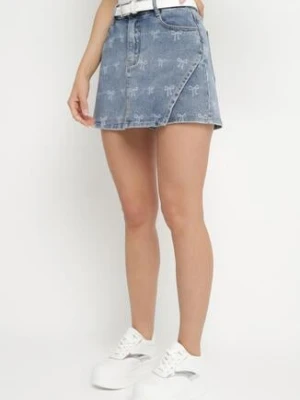 Niebieskie Spódnico-Szorty Jeansowe we Wzór z Kokardkami Milereia hello miss