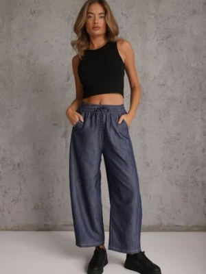 Niebieskie Spodnie Casual Barrel High Waist z Gumką i Wiązaniem w Pasie Janesa yu & me