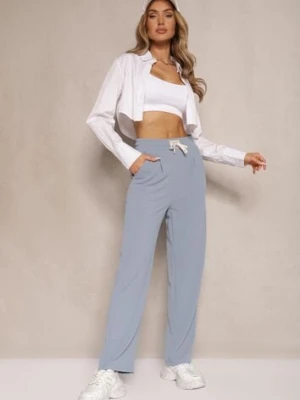 Niebieskie Spodnie High Waist z Prostą Nogawką i Gumką w Pasie Fadesa