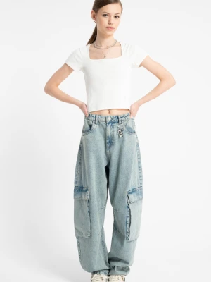 Niebieskie spodnie jeansowe typu CARGO z przestrzennymi kieszeniami Reporter