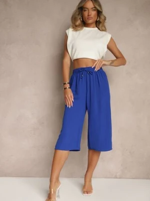 Niebieskie Spodnie Kuloty z Bawełną High Waist Azetia