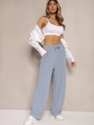 Niebieskie Spodnie o Szerokim Kroju High Waist Ozdobione Sznurkiem Deyrisse