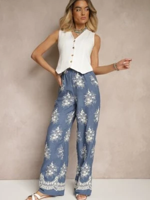 Niebieskie Spodnie Szerokie z Bawełną i Lnem High Waist Ozdobione Kwiatami Danniele yu & me