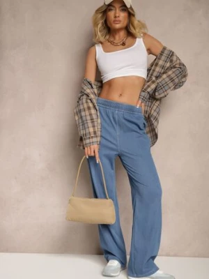 Niebieskie Spodnie Szerokie z Bawełną i Wiskozą High Waist z Imitacji Jeansu Heldexia