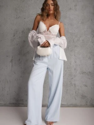 Niebieskie Spodnie Szerokie z Dodatkiem Bawełny High Waist z Metaliczną Klamrą Azaerixis