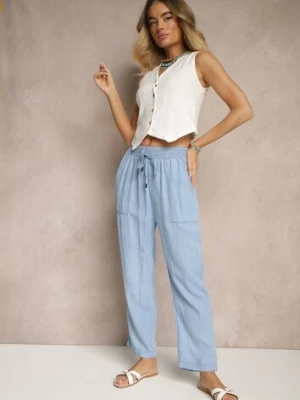 Niebieskie Spodnie z Bawełną High Waist Ozdobione Wiązaniem Calwia