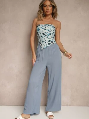 Niebieskie Spodnie z Bawełny o Prostych Nogawkach z Gumką i Sznurkiem w Pasie Efrara defox