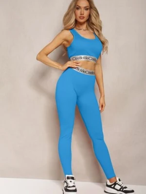 Niebieskie Sportowe Legginsy Elastyczne z Ozdobną Szeroką Gumą w Pasie Larnode