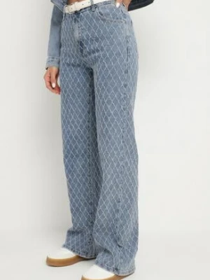 Niebieskie Szerokie Bawełniane Jeansy z Wysokim Stanem ze Wzorem Rombów Tuzea hello miss