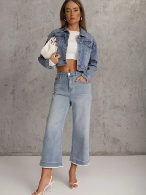 Niebieskie Szerokie Jeansy Culottes z Bawełną High Waist Ozdobione Perełkami Hesaris