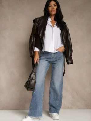 Niebieskie Szerokie Jeansy High Waist z Cyrkoniowymi Aplikacjami Sireilure