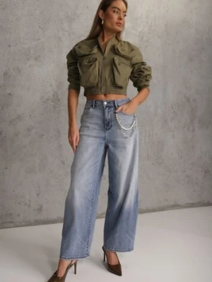 Niebieskie Szerokie Jeansy High Waist z Łańcuchem Kassania