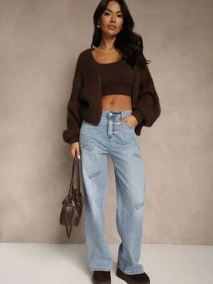 Niebieskie Szerokie Jeansy High Waist z Ozdobnymi Naszywkami Hleffia milas91