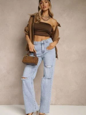 Niebieskie Szerokie Jeansy High Waist z Ozdobnymi Przetarciami Feleldi