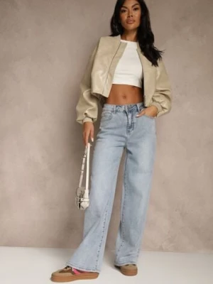 Niebieskie Szerokie Jeansy High Waist Zdobione Haftem na Kieszeni Thaola