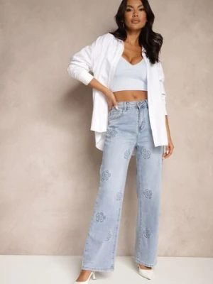 Niebieskie Szerokie Jeansy High Waist Zdobione Wzorem w Kwiaty Firedis milas91