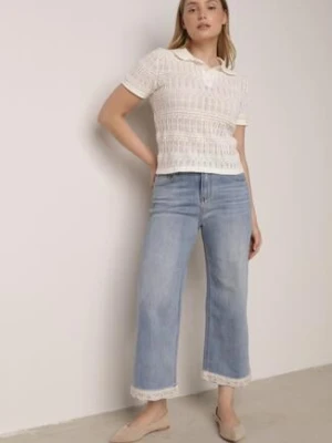 Niebieskie Szerokie Jeansy Ozdobione na Dole Koronką Salioneth