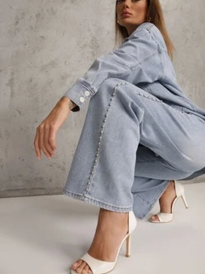 Niebieskie Szerokie Jeansy Ozdobione Nitami High Waist z Bawełną Typhele