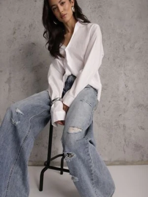 Niebieskie Szerokie Jeansy Palazzo z Bawełny z Dziurami i Przetarciami Erilenna