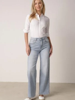 Niebieskie Szerokie Jeansy Wysoki Stan z Bawełną Ozdobione Nitami Basithoe