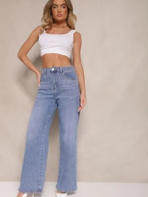 Niebieskie Szerokie Jeansy z Bawełną High Waist Assemi