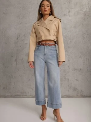 Niebieskie Szerokie Jeansy Culottes z Bawełną High Waist Ozdobione Przeszyciami Timolis