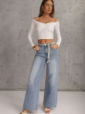 Niebieskie Szerokie Jeansy z Bawełną High Waist z Paskiem Typu Sznurek Caninna