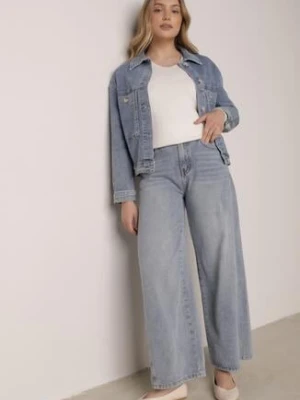 Niebieskie Szerokie Jeansy z Bawełną i Wiskozą Zdobione Przeszyciami Harida